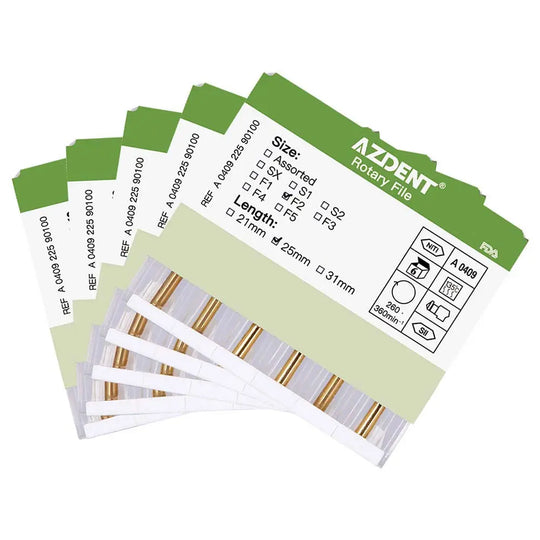 Dental NITI Rotary Engine Files Heat Activated 25mm F2 6pcs/Pk displayed as product packaging with green labels showing specifications and measurements for dental instruments, showcasing precision and compatibility with rotary motors