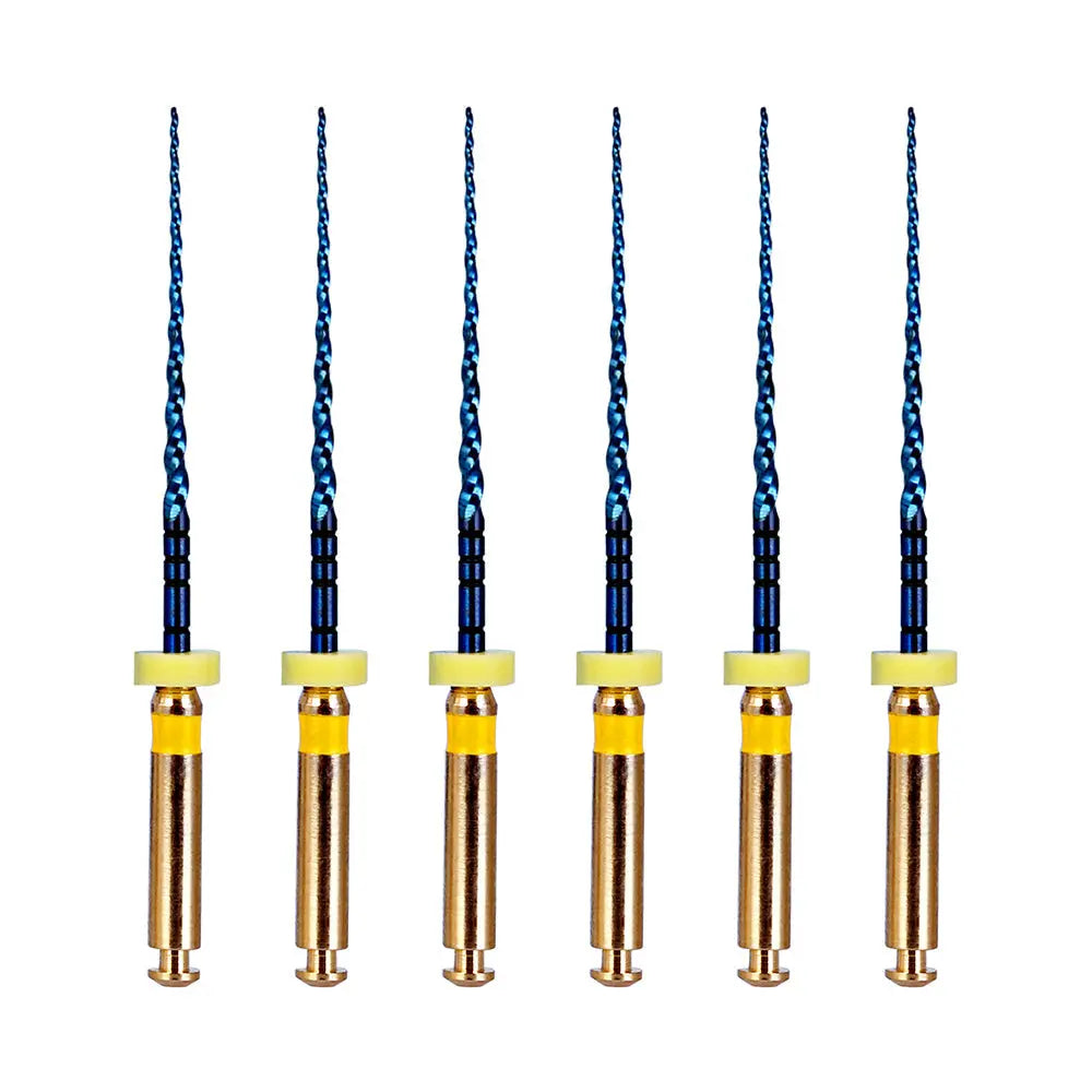 Dental NITI Rotary Engine Files Heat Activated 25mm F1 6pcs/Pk: Six blue and gold dental rotary files with spiral grooves and yellow rubber stoppers, arranged vertically against a white background, showcasing precision dental instruments for root canal procedures.