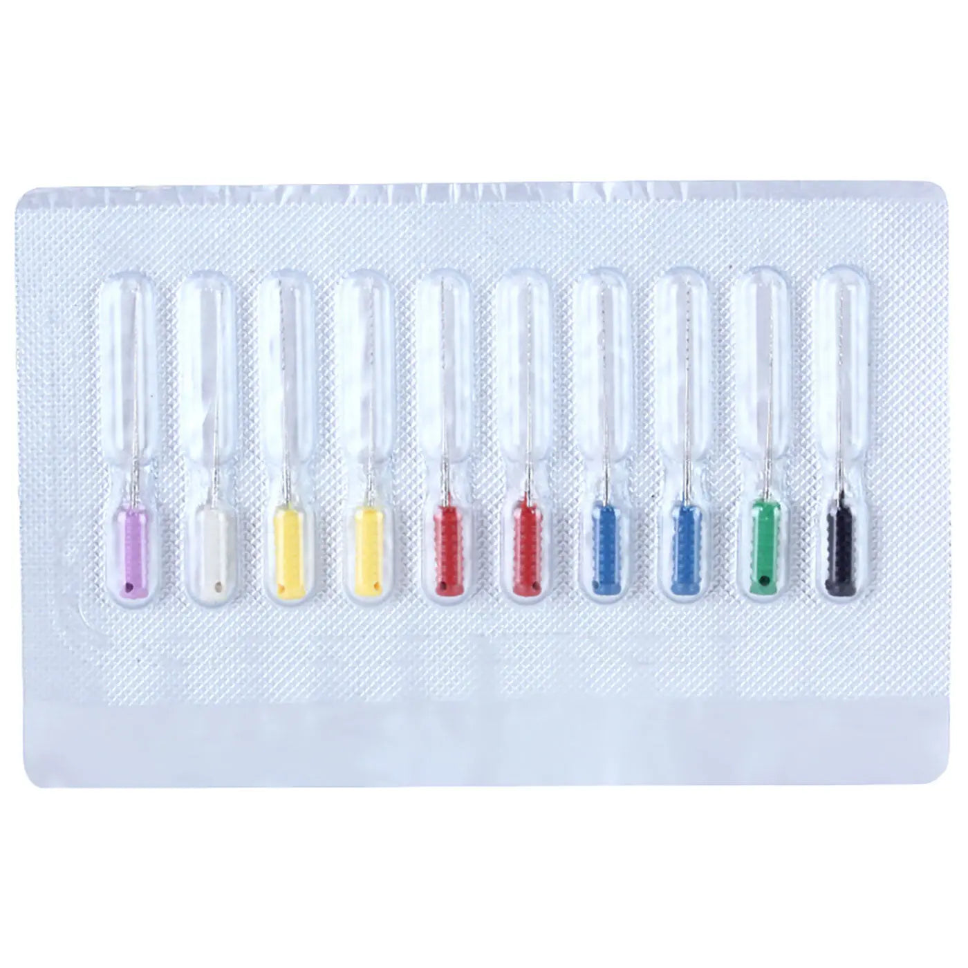 Dental Barbed Broaches Files Stainless Steel 25mm 10/Pk in sealed plastic packaging, showing 10 colorful files with transparent handles and colored tips arranged in a row, used for root canal procedures and tissue removal in dentistry