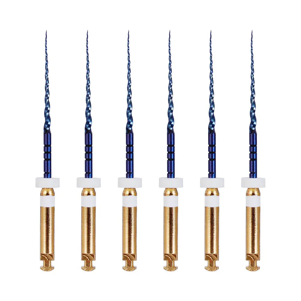 Set of six Dental NITI Rotary Engine Files Heat Activated 25mm S2, featuring blue spiral tips and gold-colored handles, displayed vertically against a white background for dental procedures and root canal treatments