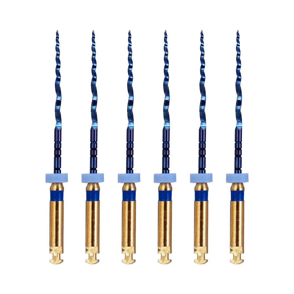 Six Dental NITI Rotary Engine Files Heat Activated 25mm F3 with blue spiral tips and gold handles, standing upright in a row against a white background, showcasing precision dental instruments for professional use