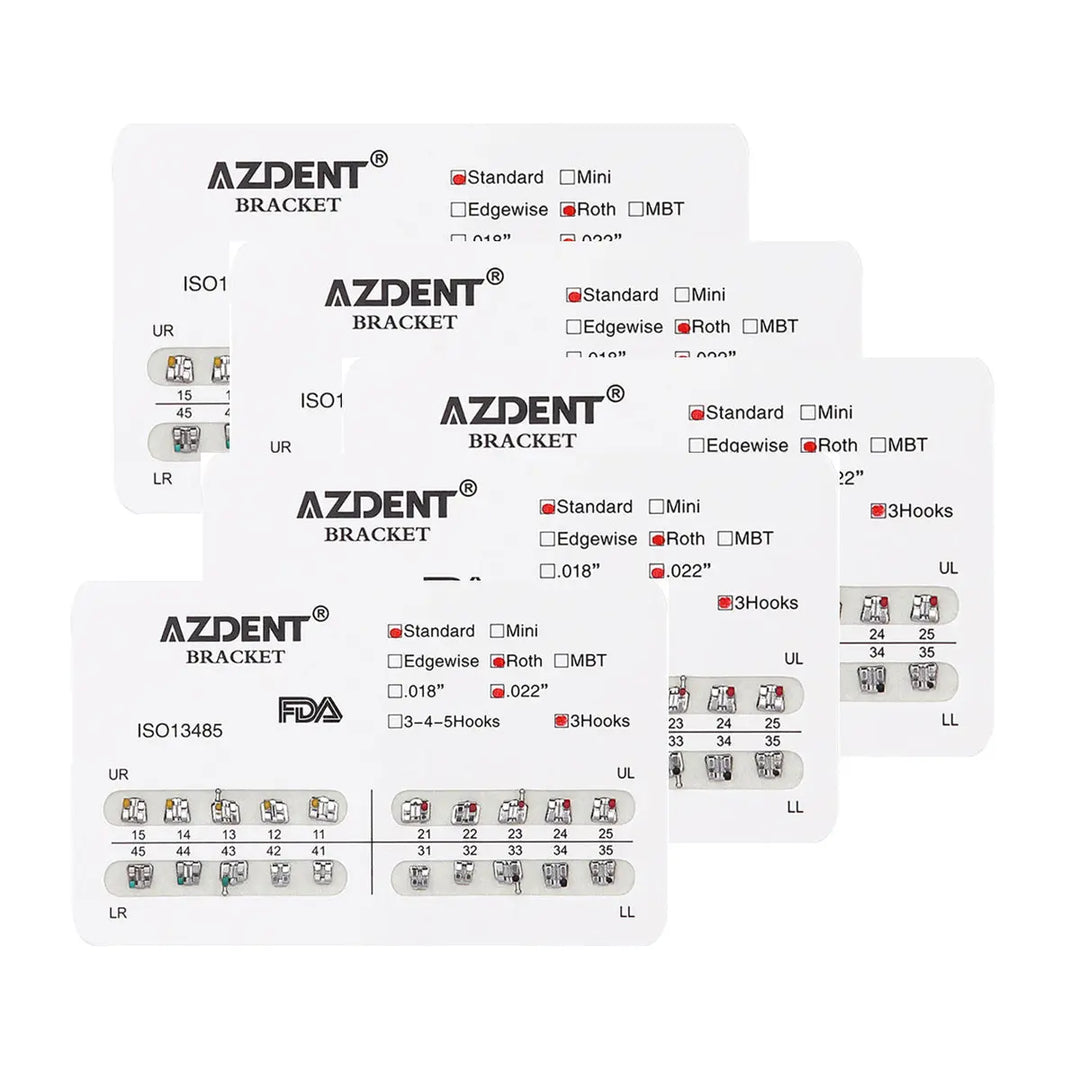 Dental Metal Brackets Standard Roth Slot .022 Hooks on 3 20pcs/Pk - AZDENT orthodontic brackets packaging showing product details, specifications, and diagrams of bracket placement on teeth for upper and lower arches