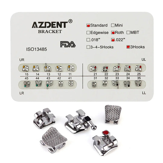 Dental Metal Brackets Standard Roth Slot .022 Hooks on 3 20pcs/Pk - Azdent orthodontic bracket set with size chart and different bracket types displayed. Features standard Roth slot, .022" size, and 3 hooks. Includes close-up images of various metal bracket designs.