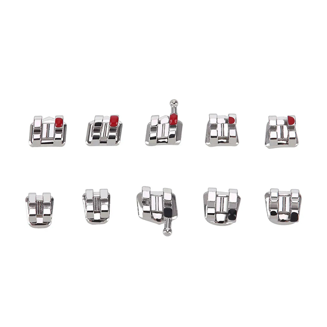 Dental Metal Brackets Standard Roth Slot .022 Hooks on 3 20pcs/Pk displayed in two rows. Top row shows five brackets with red markers. Bottom row presents five brackets without markers. Metal construction visible, showcasing precision orthodontic design for accurate teeth alignment.