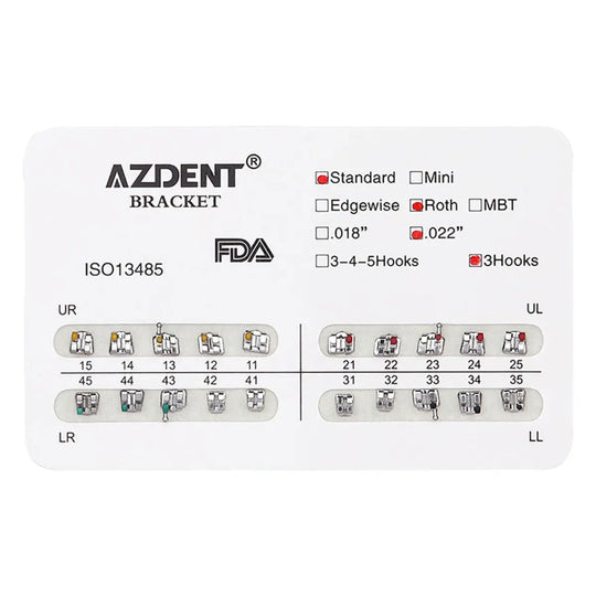 Dental Metal Brackets Standard Roth Slot .022 Hooks on 3 20pcs/Pk product card displaying AZDENT brand, FDA approved, ISO13485 certified. Features Standard Roth bracket type, .022" slot size, 3 hooks option, with color-coded dental notation chart for accurate placement.