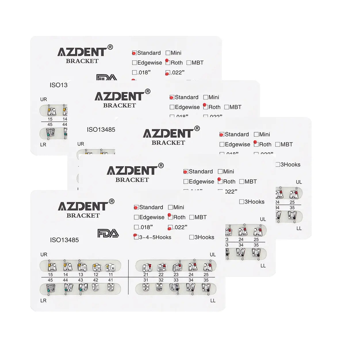 Dental Metal Brackets Standard Roth Slot .022 Hooks on 345 20pcs/Pk: AZDENT orthodontic bracket packaging showing product details, specifications, and color-coded quadrant system for accurate placement and ease of use in dental procedures.