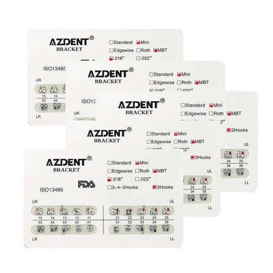 Dental Mini Metal Brackets MBT Slot .018 Hooks on 3 20pcs/Pk: Five packaging cards for AZDENT orthodontic brackets, showing various bracket types and sizes with checkboxes. Cards display Mini, MBT, and .018" options, along with diagrams of bracket placement on teeth.