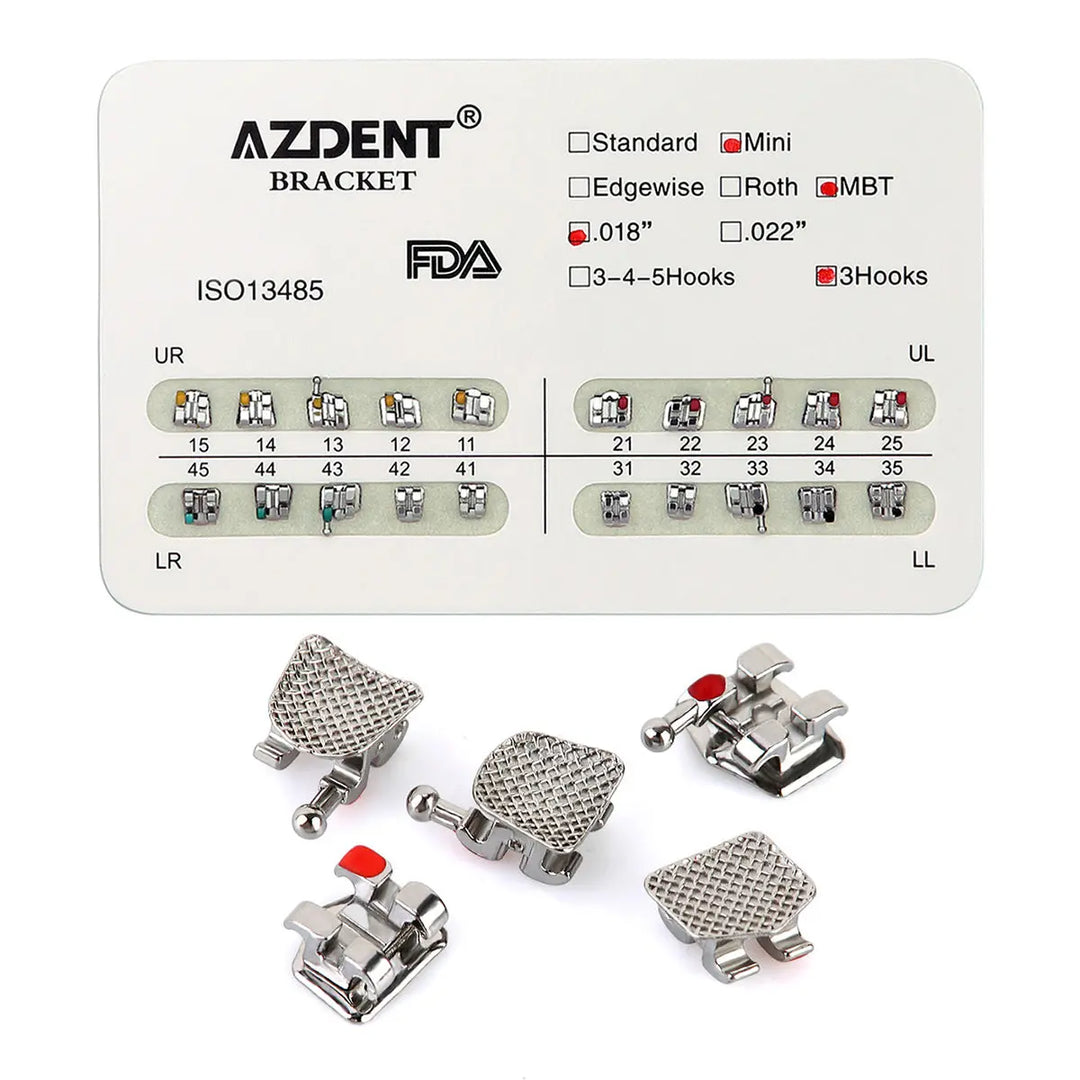 Dental Mini Metal Brackets MBT Slot .018 Hooks on 3 20pcs/Pk: AZDENT orthodontic bracket set with size chart and various metal bracket types displayed. Shows mini MBT brackets with 018 slot and 3 hooks, along with FDA approval label.