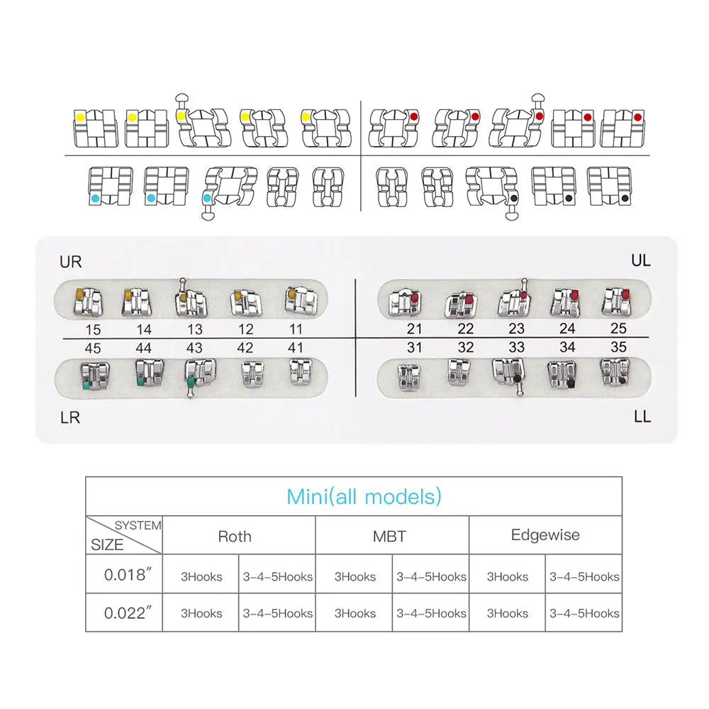 Dental Mini Metal Brackets MBT Slot .018 Hooks on 3 20pcs/Pk: Detailed diagram showing bracket configurations, sizes, and placement options for orthodontic treatment. Image includes schematic representations and metal bracket samples organized by quadrants and sizes.