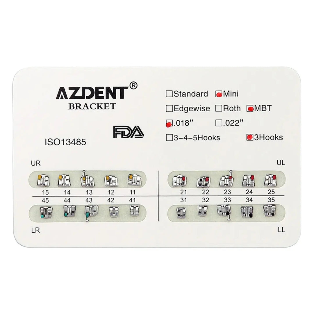 Dental Mini Metal Brackets MBT Slot .018 Hooks on 3 20pcs/Pk - AZDENT bracket chart showing mini MBT brackets with .018 slot and 3 hooks, displaying various tooth positions and FDA approval, for orthodontic use in teeth straightening