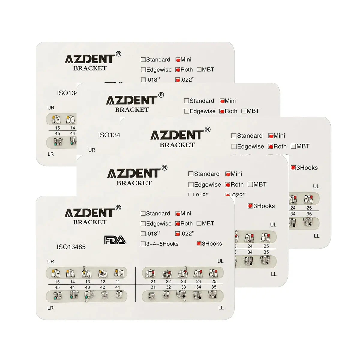 Dental Metal Brackets Mini Roth Slot.022 Hooks on 3 20pcs/Pk: Multiple white cards displaying AZDENT orthodontic brackets with various specifications, including Mini Roth slot size .022 and 3 hooks, showcasing product details and options for dental professionals.