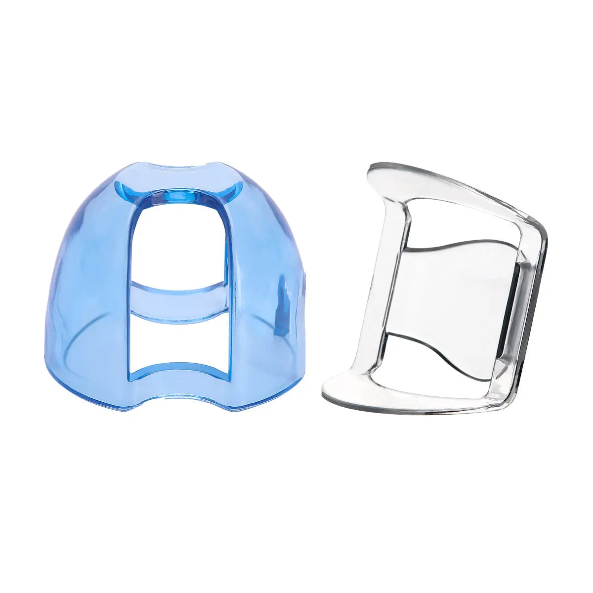 Dental Orthodontic Mouth Opener Lip Cheek Retractor Clear Plastic Anterior/Posterior Tooth Support shown in blue and clear plastic. Two different designs side by side, providing unobstructed view of oral cavity for dental procedures and examinations.