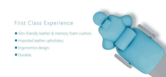 Series X5 Dental Chair featuring ergonomic design with light blue upholstery. Top-down view showcasing memory foam cushions, imported leather, and durable construction. Text highlights first-class experience with skin-friendly materials and ergonomic design for patient comfort.