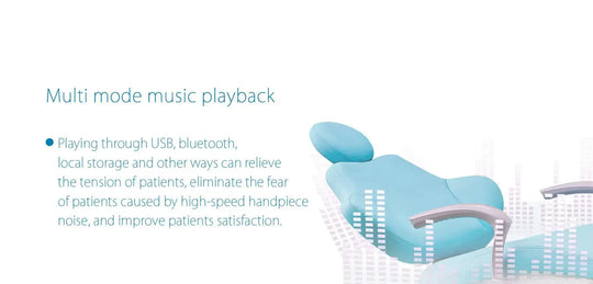 Series X5 Dental Chair with multi-mode music playback feature. Teal-colored chair cushion visible, alongside text describing USB, Bluetooth, and local storage playback options to reduce patient tension and improve satisfaction. Graphic equalizer bars represent music functionality.