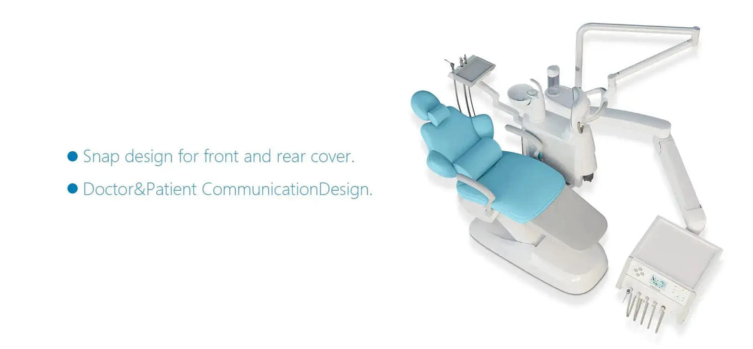 Series X5 Dental Chair featuring ergonomic design with blue upholstery, adjustable headrest, integrated LED lighting, and attached dental tools. Modern and sleek appearance showcasing comfort and advanced technology for optimal patient care and dentist efficiency.