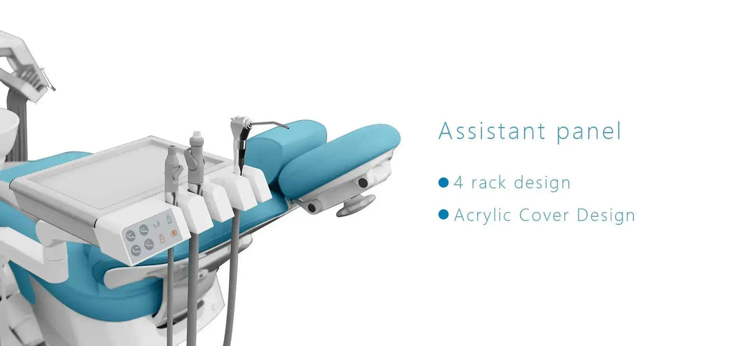 Series X5 Dental Chair featuring modern design with teal and white color scheme, assistant panel with 4-rack design and acrylic cover, ergonomic patient positioning, and integrated technology for optimal dental procedures and patient comfort.