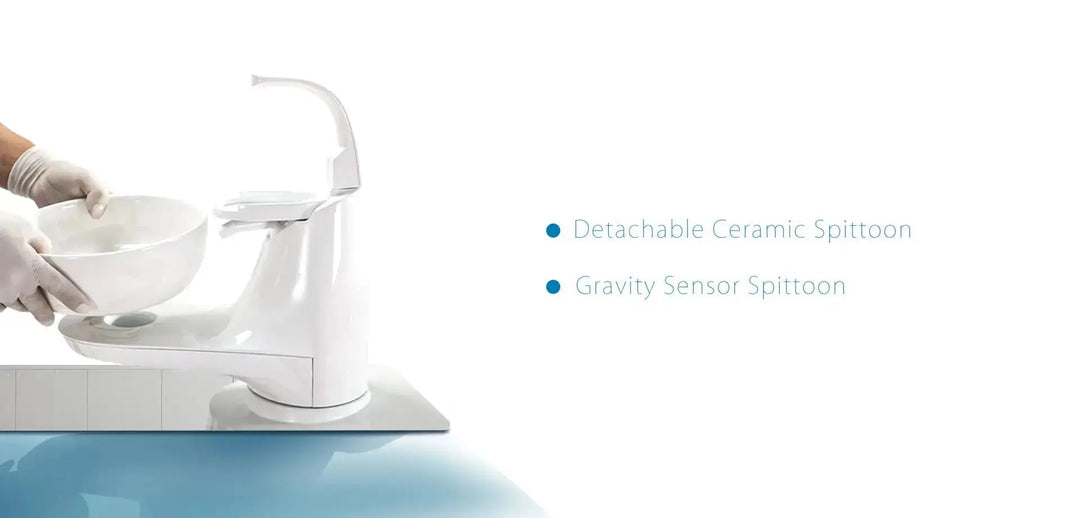 Series X5 Dental Chair featuring a detachable ceramic spittoon and gravity sensor spittoon. Close-up view of hands holding the white ceramic bowl, demonstrating its removable design. Modern and hygienic dental equipment for efficient patient care.