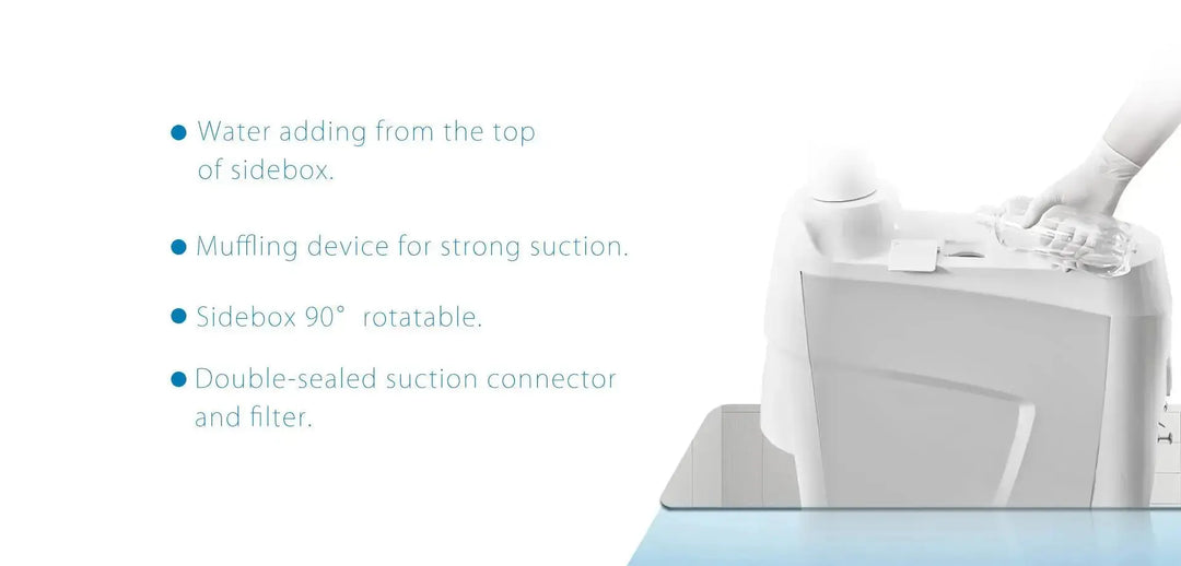 Series X5 Dental Chair features including water adding from top of sidebox, muffling device for strong suction, 90-degree rotatable sidebox, and double-sealed suction connector with filter. Diagram shows white dental chair component with labeled features.