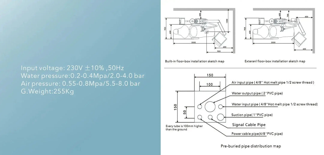 Series X5 Dental Chair technical specifications diagram showing installation dimensions, input voltage, water and air pressure requirements, and weight. Includes detailed measurements for built-in pipelines and external free-box installation.