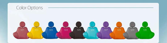 Series X5 Dental Chair color options displayed as silhouettes in various vibrant hues, including red, yellow, blue, pink, brown, teal, purple, orange, gray, and green. Colorful choices for customizing dental practice aesthetics and patient experience.