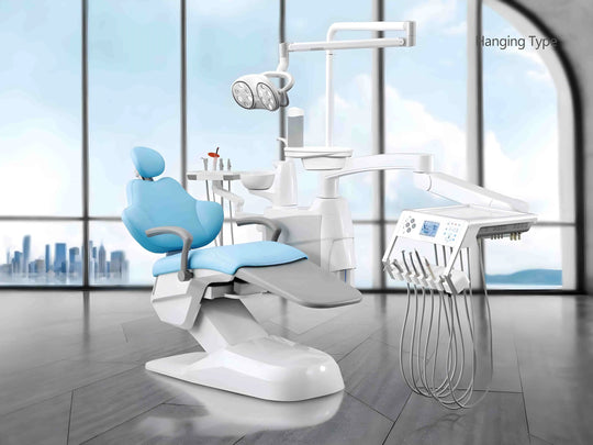 Series X5 Dental Chair featuring modern design with blue upholstery, white frame, adjustable headrest, and attached equipment arm. Positioned in a bright office with large windows overlooking a city skyline, showcasing advanced technology and comfort for dental procedures.