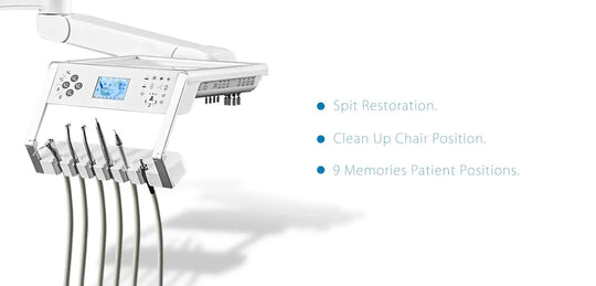 Series X5 Dental Chair with advanced features including spittoon, clean-up position, and patient memory settings. Modern white design with digital display, multiple instrument arms, and adjustable positioning for optimal dental procedures and patient comfort.