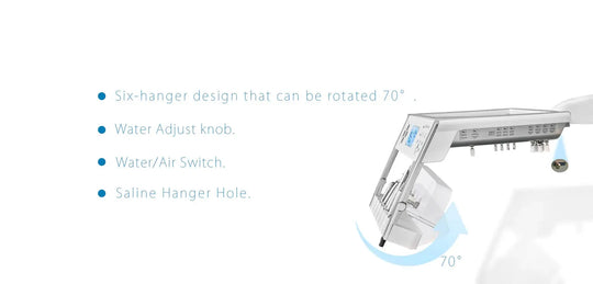 Series X5 Dental Chair features a six-hanger design with 70-degree rotation, water adjust knob, water/air switch, and saline hanger hole. Modern white chair with blue accents showcases advanced ergonomic features for optimal dentist workflow and patient comfort.