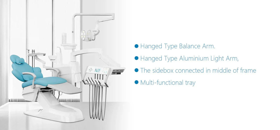 Series X5 Dental Chair featuring ergonomic design with teal upholstery, hanged type balance arm, aluminum light arm, sidebox connected to frame, and multi-functional tray. Modern, sleek appearance in a bright clinical setting.