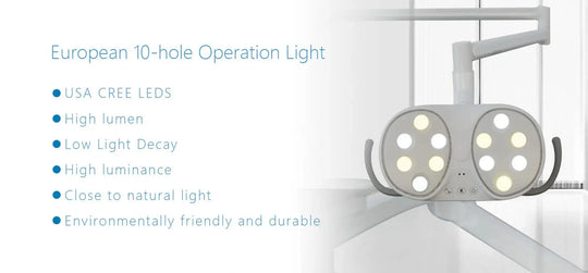 Series X5 Dental Chair with European 10-hole operation light featuring high lumen, low light decay, and environmentally friendly LED technology. Dual-head design for optimal illumination during dental procedures.