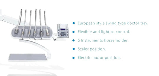 Series X5 Top Mounted Dental Chair featuring European-style swing-type doctor tray, flexible control panel, 6 instrument hoses holder, scaler position, and electric motor position. Modern design with white and gray components for efficient dental procedures.