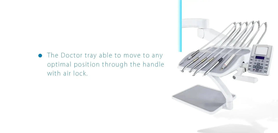 Series X5 Top Mounted Dental Chair featuring adjustable doctor tray, movable handle with air lock, and advanced dental unit with multiple tools and controls. Modern white design showcases ergonomic chair, spittoon, and LED surgical lamp for optimal patient comfort and practitioner efficiency.