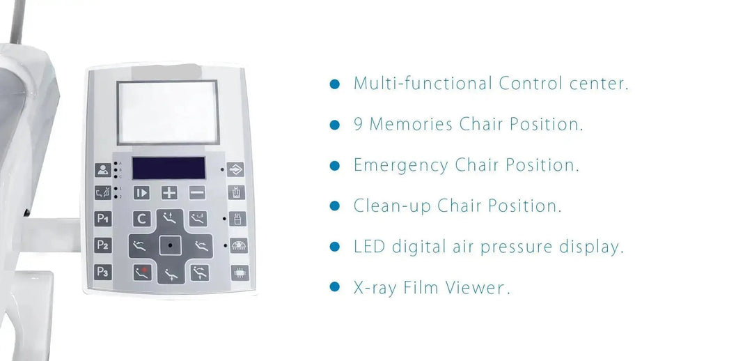 Control panel of Series X5 Top Mounted Dental Chair featuring multi-functional control center, 9 memory chair positions, emergency and clean-up positions, LED digital air pressure display, and X-ray film viewer for enhanced dental practice efficiency and patient care.