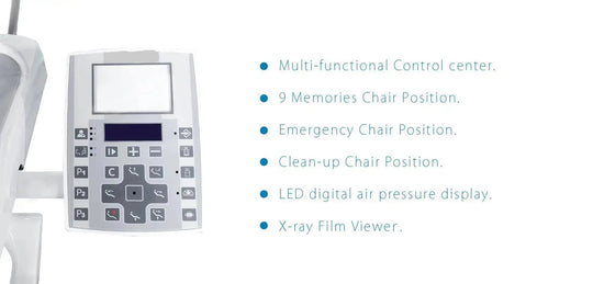 Control panel of Series X5 Top Mounted Dental Chair featuring multi-functional control center, 9 memory chair positions, emergency and clean-up positions, LED digital air pressure display, and X-ray film viewer for enhanced dental practice efficiency and patient care.