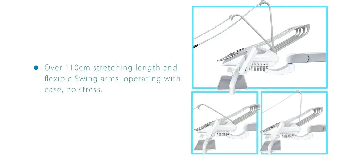 Series X5 Top Mounted Dental Chair with flexible swing arms and stretching length over 110cm. Multiple views showcase the chair's adjustable positions and easy operation, highlighting its ergonomic design and versatility for dental procedures.