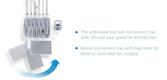 Series X5 Top Mounted Dental Chair featuring rotating instrument trays with silicone pad for disinfection. Large tray for dental tools and surgery. Digital control panel visible. Modern design emphasizes efficiency and hygiene in dental practices.