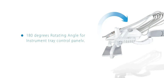 Series X5 Top Mounted Dental Chair featuring 180-degree rotating instrument tray control panel, showcasing innovative design for optimal accessibility and efficiency in modern dental practices.