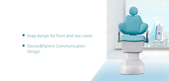 Series X5 Top Mounted Dental Chair featuring sleek teal upholstery, ergonomic design, and modern white base. Showcases snap design for front and rear cover and doctor-patient communication features. Stylish and comfortable chair positioned in a bright, clean dental office setting.