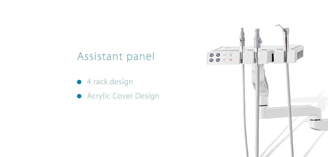 Series X5 Top Mounted Dental Chair with assistant panel featuring 4 rack design and acrylic cover. Sleek white panel holds dental tools and equipment, showcasing modern and efficient dental technology for optimal patient care.