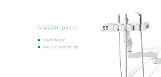 Series X5 Top Mounted Dental Chair with assistant panel featuring 4 rack design and acrylic cover. Sleek white panel holds dental tools and equipment, showcasing modern and efficient dental technology for optimal patient care.