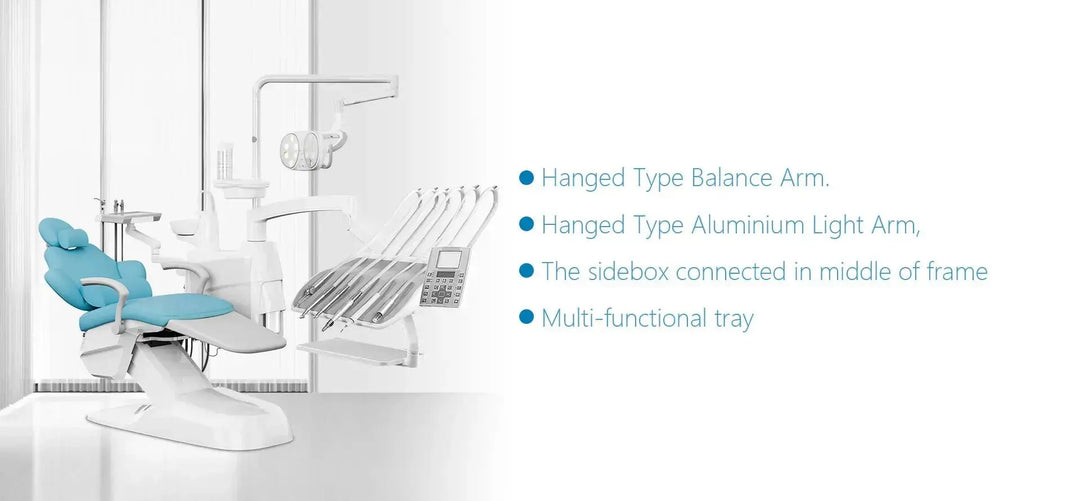 Series X5 Top Mounted Dental Chair featuring hanged type balance arm, aluminum light arm, sidebox connected to frame, multi-functional tray, and teal upholstery, showcasing modern design and ergonomic features for advanced dental practice efficiency and patient comfort.