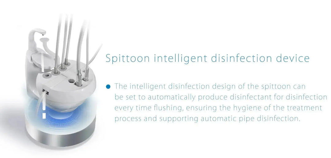 Series X5 Top Mounted Dental Chair with intelligent spittoon disinfection device, featuring automatic disinfectant production for treatment hygiene and pipe cleaning. Advanced design enhances dental practice efficiency and patient comfort.