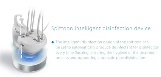 Series X5 Top Mounted Dental Chair with intelligent spittoon disinfection device, featuring automatic disinfectant production for treatment hygiene and pipe cleaning. Advanced design enhances dental practice efficiency and patient comfort.