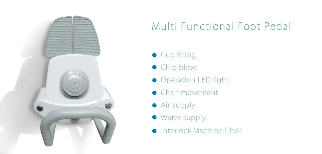 Multi-functional foot pedal for Series X5 Top Mounted Dental Chair, featuring controls for cup filling, chip blow, LED light, chair movement, air supply, water supply, and interlock machine chair. White pedal with grey top pad and circular central control.