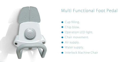 Multi-functional foot pedal for Series X5 Top Mounted Dental Chair, featuring controls for cup filling, chip blow, LED light, chair movement, air supply, water supply, and interlock machine chair. White pedal with grey top pad and circular central control.