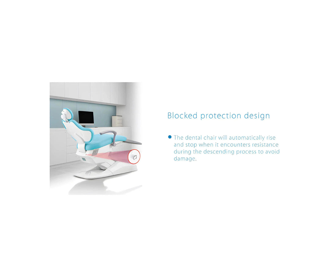 Series X5 Top Mounted Dental Chair with blocked protection design feature. Illustration shows chair automatically halting descent to prevent damage. Sleek white and blue color scheme in modern dental office setting with computer monitor visible.