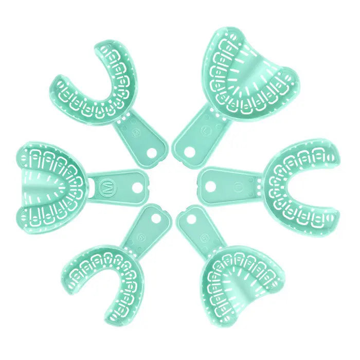 Dental Impression Trays Full Mouth for Teeth Mold Tray S M L Green 6pcs/Set arranged in a circular pattern, showing various sizes of green plastic dental trays with handles and tooth-shaped impressions for orthodontic and dental procedures