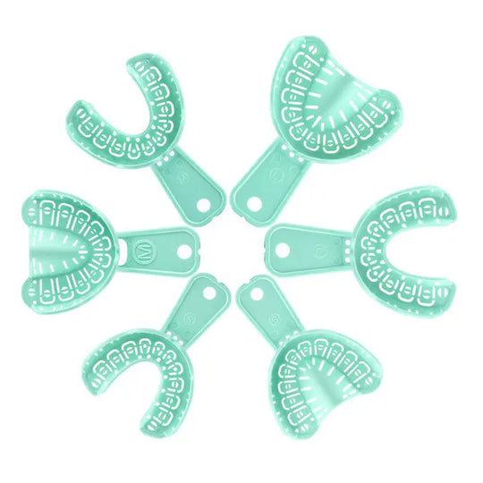 Dental Impression Trays Full Mouth for Teeth Mold Tray S M L Green 6pcs/Set arranged in a circular pattern, showing various sizes of green plastic dental trays with handles and tooth-shaped impressions for orthodontic and dental procedures