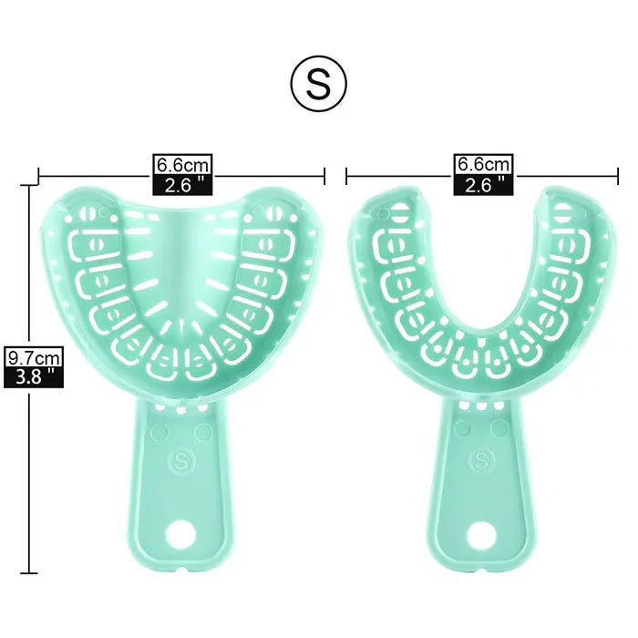 Dental Impression Trays Full Mouth for Teeth Mold Tray S M L Green 6pcs/Set: Two small-sized green dental impression trays with dimensions shown. U-shaped design with tooth indentations and handles for easy grip. Suitable for orthodontics and creating accurate teeth molds.