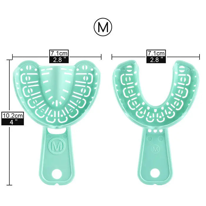 Dental Impression Trays Full Mouth for Teeth Mold Tray S M L Green 6pcs/Set, showing two medium-sized green trays with measurements. U-shaped design with perforations, sturdy handles, and size M markings visible. Ideal for orthodontics and dental impressions.