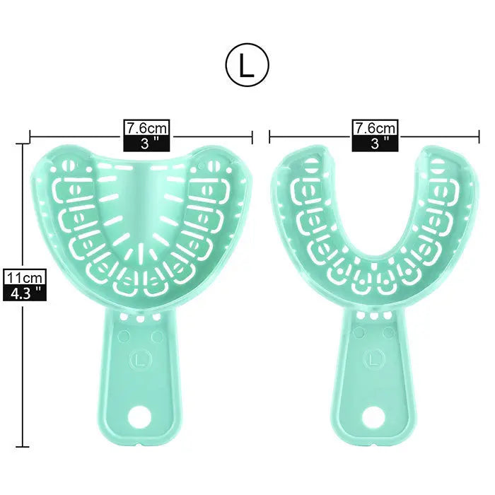 Dental Impression Trays Full Mouth for Teeth Mold Tray S M L Green 6pcs/Set: Two large green dental impression trays with measurements, showing U-shaped design for full mouth impressions, featuring textured surfaces and handles for easy use.